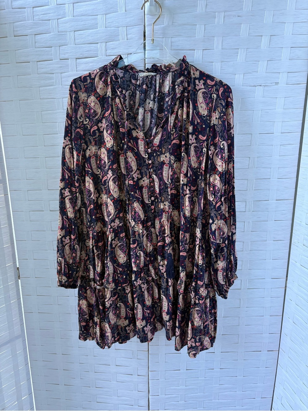 easel Navy Paisley Long-Sleeve V-Neck Dress V Neck Tie Ruffle Fall Boho Babydoll